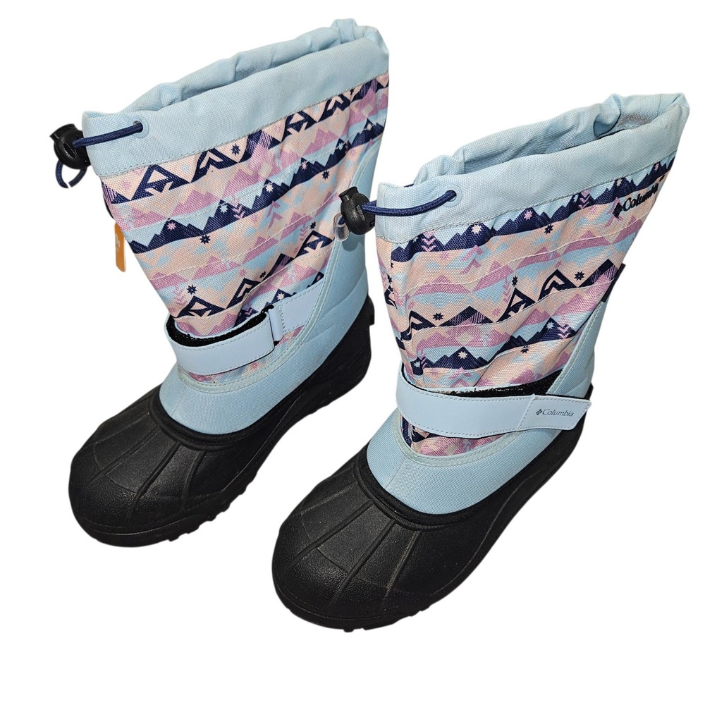 Columbia Powderbug Plus II Snow Boots Blue Mountain Print Sz 5 Youth